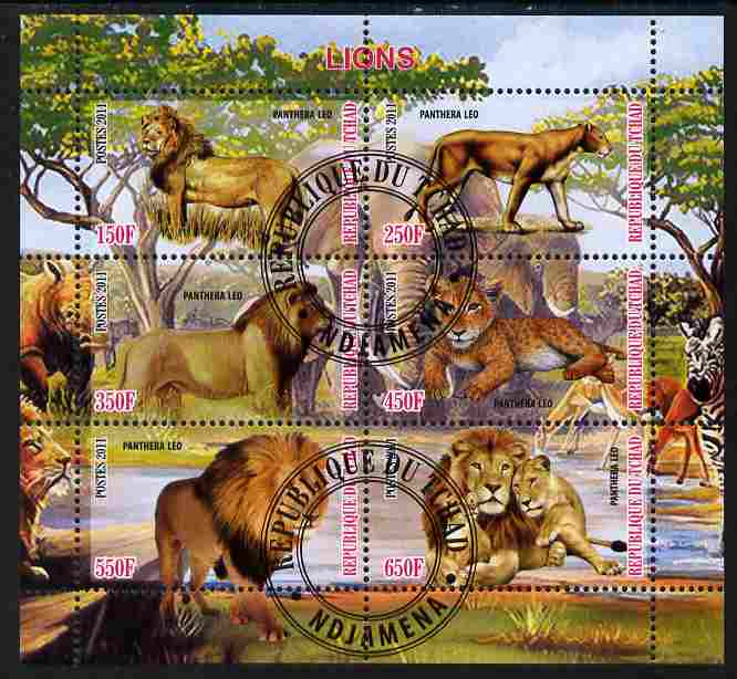 Chad 2011 Lions perf sheetlet containing 6 values cto used, stamps on animals, stamps on cats, stamps on lions