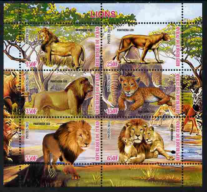 Chad 2011 Lions perf sheetlet containing 6 values unmounted mint, stamps on animals, stamps on cats, stamps on lions