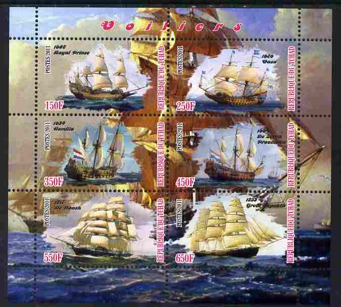 Chad 2011 Tall Ships perf sheetlet containing 6 values unmounted mint, stamps on ships