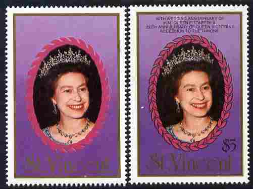 St Vincent 1987 Ruby Wedding $5 (The Queen) with black omitted (inscription and value) unmounted mint plus normal, as SG 1083, stamps on royalty, stamps on ruby