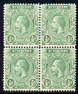 St Vincent 1913-17 KG5 1/2d pale yellow-green (unlisted shade) watermarked MCA block of 4 unmounted mint as SG 108, stamps on , stamps on  kg5 , stamps on 