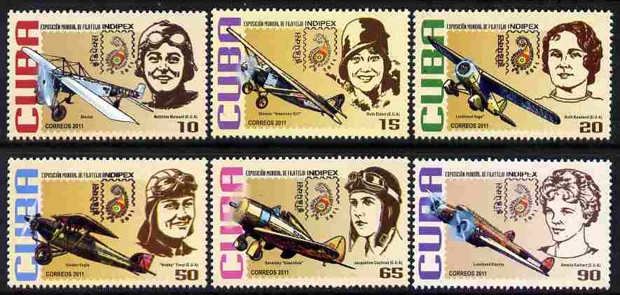 Cuba 2011 Indipex Stamp Exhibition - Aviators & their Planes perf set of 6 unmounted mint, stamps on stamp exhibitions, stamps on aviation, stamps on 