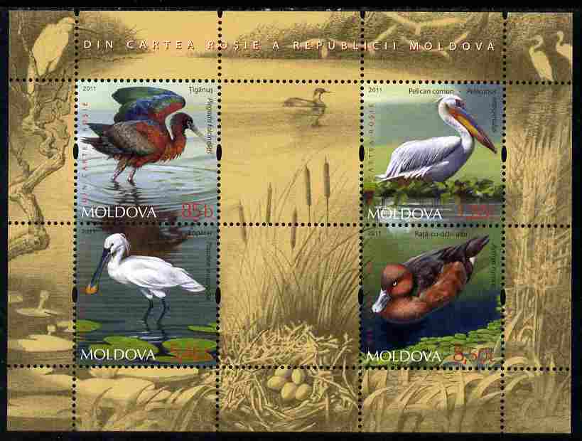 Moldova 2011 Water Birds perf sheetlet containing 4 values & 2 labels unmounted mint, stamps on birds
