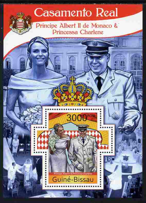 Guinea - Bissau 2011 Royal Wedding - Prince Albert of Monaco & Princess Charlene perf m/sheet containing Cross-shaped stamp unmounted mint, stamps on royalty, stamps on shaped