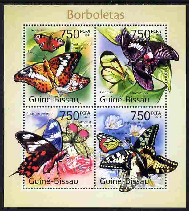 Guinea - Bissau 2011 Butterflies #1 perf sheetlet containing 4 values unmounted mint, stamps on butterflies
