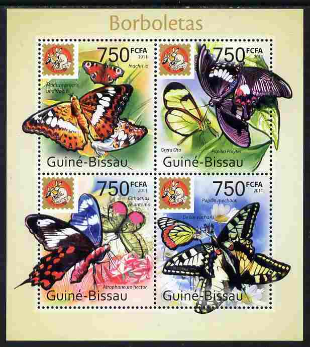 Guinea - Bissau 2011 Butterflies #2 perf sheetlet containing 4 values unmounted mint with Philanippon imprint, stamps on butterflies, stamps on stamp exhibitions