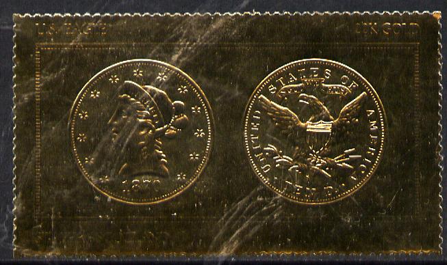 Staffa 1980 US Coins (1870 Eagle $10 coin both sides) on \A38 perf label embossed in 22 carat gold foil (Rosen 896) unmounted mint, stamps on coins     americana   birds of prey