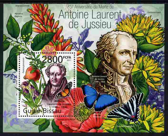 Guinea - Bissau 2011 75th death Anniversary of Antoine Laurent de Jussieu (botanist) perf m/sheet #1 unmounted mint, stamps on personalities, stamps on flowers, stamps on butterflies