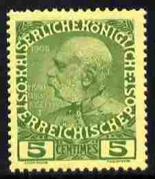Austro-Hungarian Post Offices in the Turkish Empire 1908 60th Anniversary 5c green on yellow unmounted mint SG F17, stamps on 