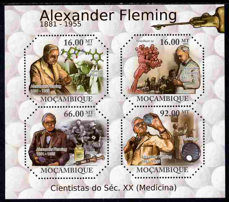Mozambique 2011 Alexander Fleming perf sheetlet containing 4 values unmounted mint, stamps on personalities, stamps on medical, stamps on science, stamps on microscopes, stamps on scots, stamps on scotland, stamps on nobel