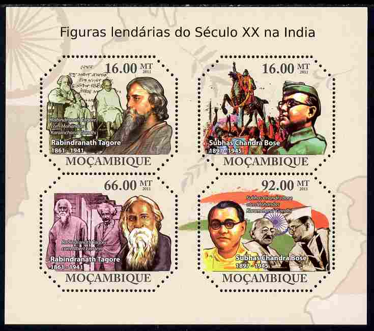 Mozambique 2011 Celebrities of India perf sheetlet containing 4 values unmounted mint, stamps on , stamps on  stamps on personalities, stamps on  stamps on tagore, stamps on  stamps on literature, stamps on  stamps on gandhi, stamps on  stamps on einstein, stamps on  stamps on science, stamps on  stamps on physics, stamps on  stamps on 