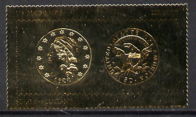 Staffa 1980 US Coins (1822 Half Eagle $5 coin both sides) on \A38 perf label embossed in 22 carat gold foil (Rosen 891) unmounted mint, stamps on coins     americana   birds of prey