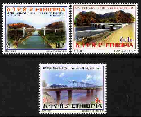 Ethiopia 2011 Bridges perf set of 3 values unmounted mint , stamps on bridges, stamps on civil engineering