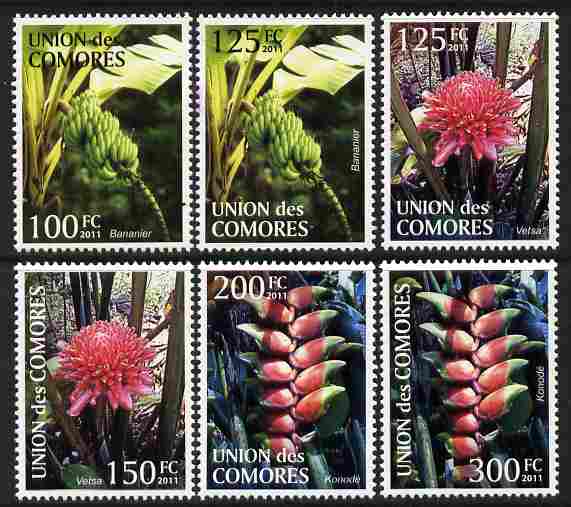 Comoro Islands 2011 Plants perf set of 6 values unmounted mint , stamps on plants, stamps on flowers, stamps on bananas