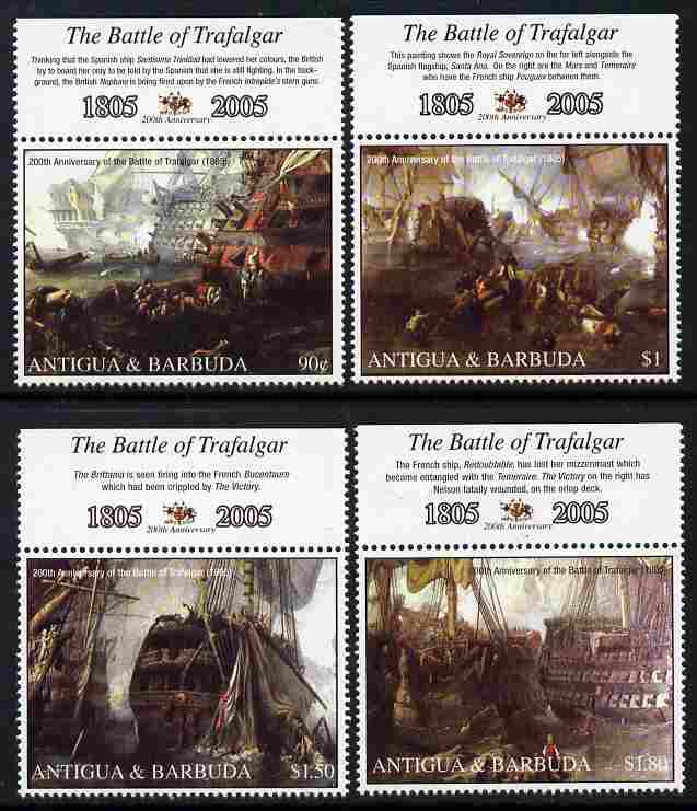 Antigua 2005 Bicentenary of Battle of Trafalgar perf set of 4 unmounted mint SG 3895-98, stamps on ships, stamps on nelson, stamps on battles