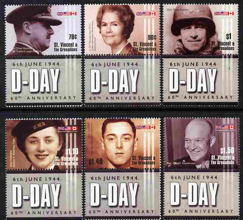 St Vincent - Grenadines 2004 60th Anniversary of D-Day perf set of 6 each se-tenant with label unmounted mint , stamps on , stamps on  ww2 , stamps on eisenhower, stamps on usa presidents, stamps on militaria