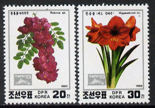North Korea 1993 'Taipei '93' Stamp Exhibition (Flowers) perf set of 2 unmounted mint, SG N3331-32*, stamps on flowers, stamps on stamp exhibitions