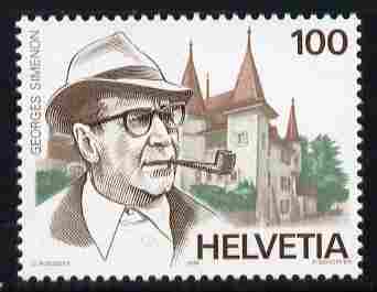 Switzerland 1994 Fifth Death Anniversary of Georges Simenon (novelist) 100c unmounted mint SG 1292, stamps on literature, stamps on books, stamps on personalities, stamps on smoking, stamps on tobacco, stamps on castles