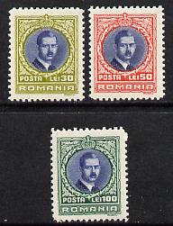 Rumania 1931 King Carol set of 3 unmounted mint, SG 1191-93, Mi 386-88, stamps on royalty  
