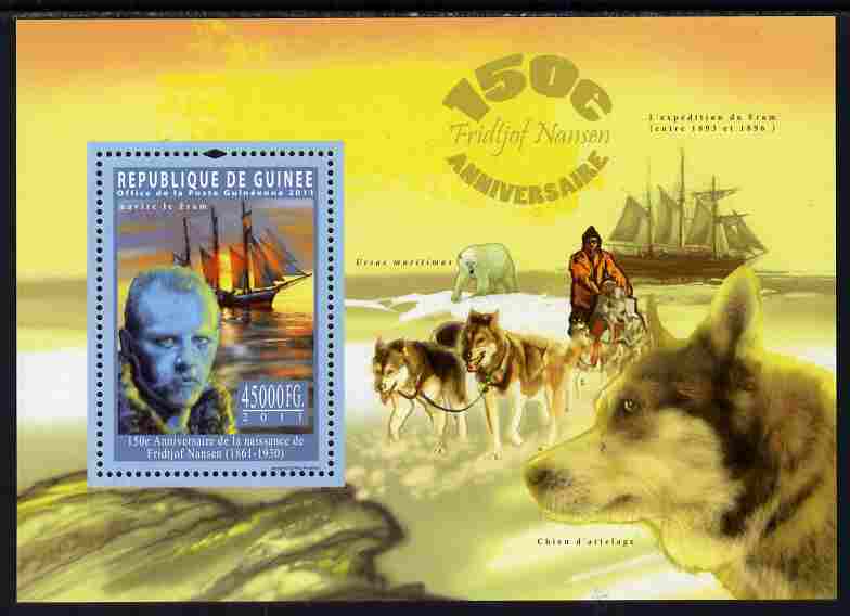 Guinea - Conakry 2011 150th Birth Anniversary of Fridtjof Nansen perf s/sheet unmounted mint, stamps on , stamps on  stamps on personalities, stamps on  stamps on explorers, stamps on  stamps on polar, stamps on  stamps on ships, stamps on  stamps on dogs, stamps on  stamps on 