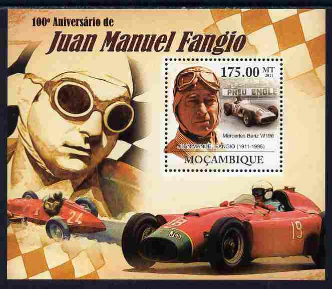 Mozambique 2011 Birth Centenary of Juan Manuel Fangio perf s/sheet unmounted mint Michel BL 453, stamps on personalities, stamps on  f1 , stamps on formula 1, stamps on cars, stamps on racing cars, stamps on 