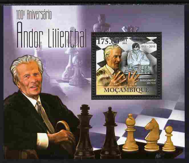 Mozambique 2011 Birth Centenary of Andor Lilienthal (chess) perf s/sheet unmounted mint Michel BL 441, stamps on personalities, stamps on chess