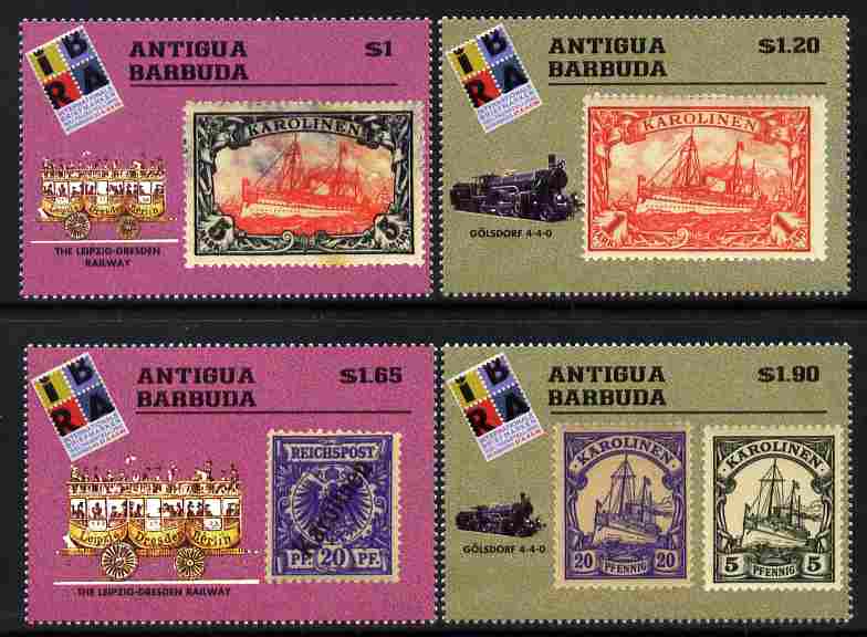 Antigua 1999 IBRA 99 Stamp Exhibition perf set of 4 unmounted mint SG 2894-97, stamps on stamp exhibitions, stamps on stampon, stamps on stamp on stamp, stamps on railways, stamps on ships, stamps on 