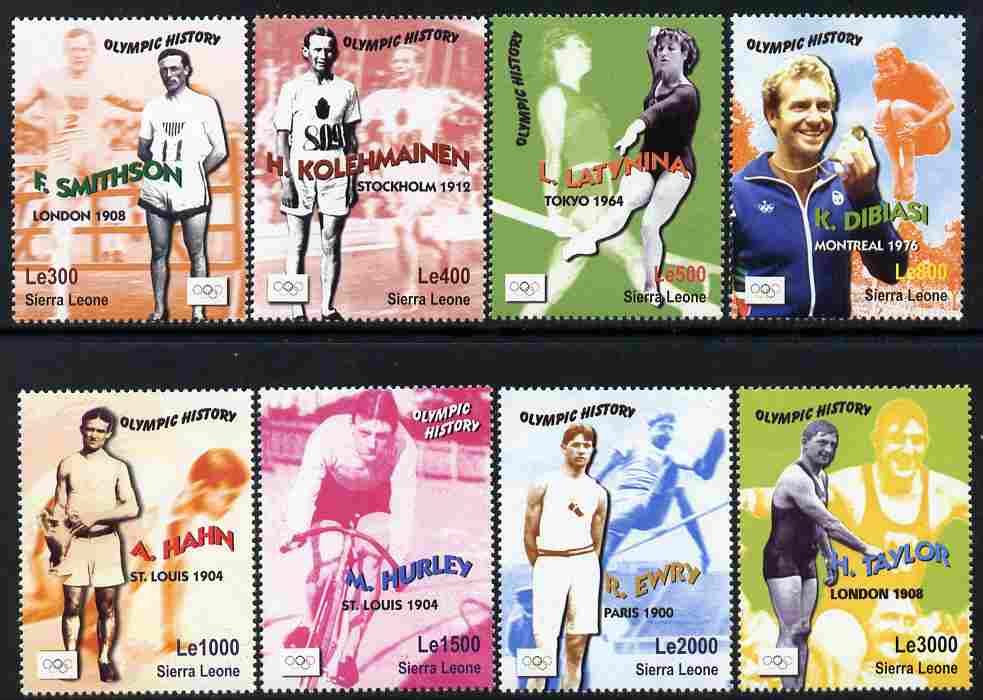 Sierra Leone 2003 Olympic History - Gold Medal Winners perf set of 8 unmounted mint SG 4156-63, stamps on olympics, stamps on hurdles, stamps on gymnastics, stamps on  gym , stamps on diving, stamps on running, stamps on bicycles, stamps on swimming, stamps on athletics