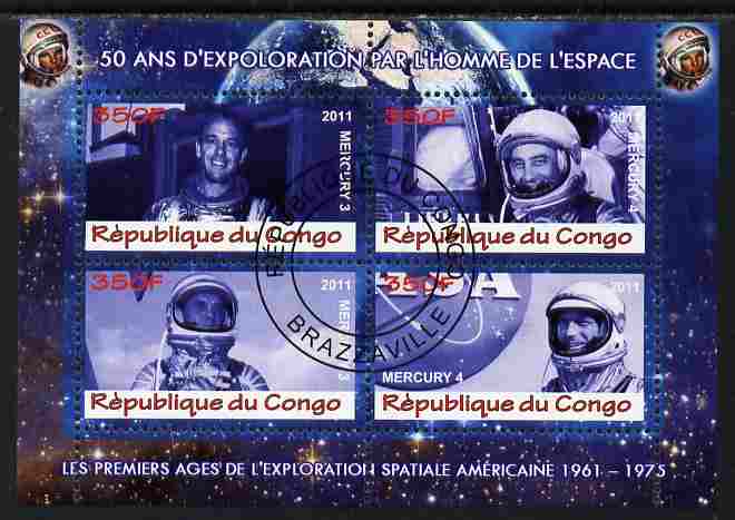 Congo 2011 50th Anniv of First Man in Space - USA #01 perf sheetlet containing 4 values fine cto used, stamps on space, stamps on rockets, stamps on americana