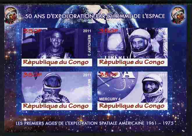 Congo 2011 50th Anniv of First Man in Space - USA #01 imperf sheetlet containing 4 values unmounted mint, stamps on space, stamps on rockets, stamps on americana