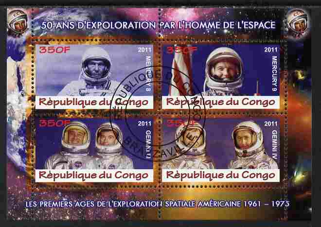 Congo 2011 50th Anniv of First Man in Space - USA #03 perf sheetlet containing 4 values fine cto used, stamps on space, stamps on rockets, stamps on americana
