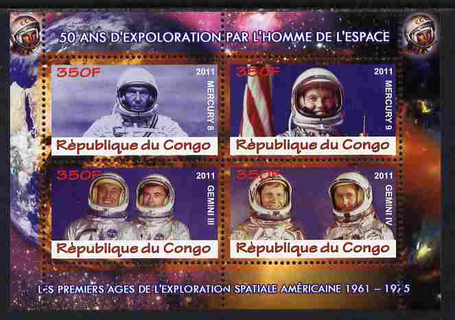 Congo 2011 50th Anniv of First Man in Space - USA #03 perf sheetlet containing 4 values unmounted mint, stamps on space, stamps on rockets, stamps on americana