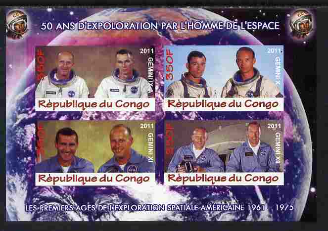 Congo 2011 50th Anniv of First Man in Space - USA #04 imperf sheetlet containing 4 values unmounted mint, stamps on space, stamps on rockets, stamps on americana