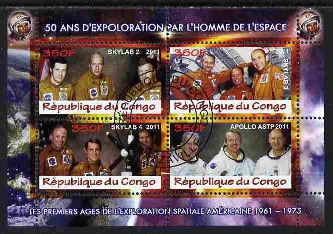 Congo 2011 50th Anniv of First Man in Space - USA #05 perf sheetlet containing 4 values fine cto used, stamps on space, stamps on rockets, stamps on americana