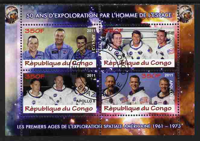 Congo 2011 50th Anniv of First Man in Space - USA #06 perf sheetlet containing 4 values fine cto used, stamps on space, stamps on rockets, stamps on americana