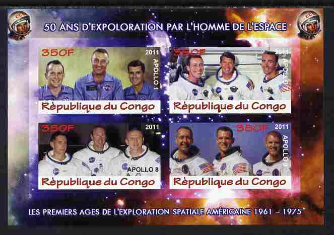 Congo 2011 50th Anniv of First Man in Space - USA #06 imperf sheetlet containing 4 values unmounted mint, stamps on space, stamps on rockets, stamps on americana