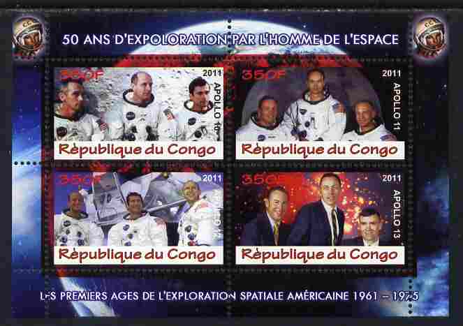 Congo 2011 50th Anniv of First Man in Space - USA #07 perf sheetlet containing 4 values unmounted mint, stamps on space, stamps on rockets, stamps on americana