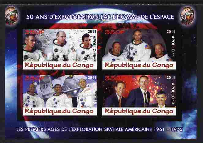 Congo 2011 50th Anniv of First Man in Space - USA #07 imperf sheetlet containing 4 values unmounted mint, stamps on space, stamps on rockets, stamps on americana