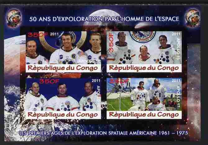 Congo 2011 50th Anniv of First Man in Space - USA #08 imperf sheetlet containing 4 values unmounted mint, stamps on space, stamps on rockets, stamps on americana