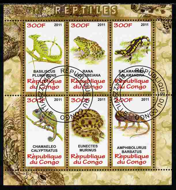 Congo 2011 Reptiles perf sheetlet containing 6 values fine cto used, stamps on reptiles, stamps on lizards, stamps on frogs, stamps on snakes, stamps on chameleons