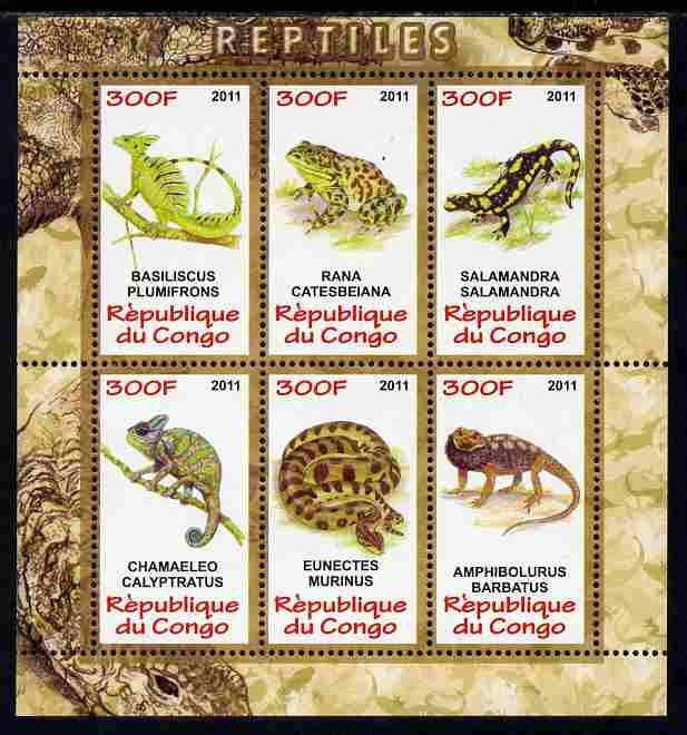 Congo 2011 Reptiles perf sheetlet containing 6 values unmounted mint, stamps on reptiles, stamps on lizards, stamps on frogs, stamps on snakes, stamps on chameleons