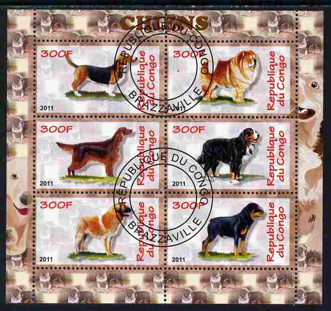 Congo 2011 Dogs perf sheetlet containing 6 values fine cto used, stamps on dogs