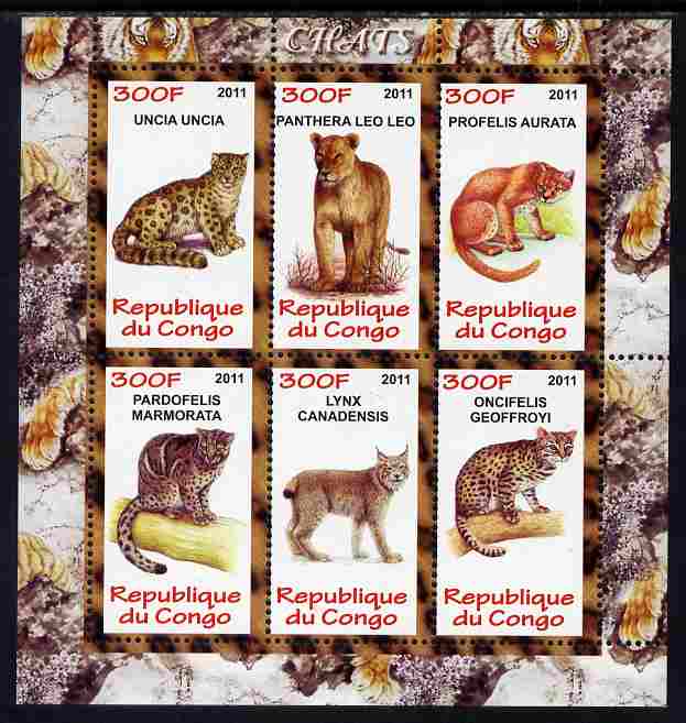 Congo 2011 Wild Cats perf sheetlet containing 6 values unmounted mint, stamps on , stamps on  stamps on cats, stamps on  stamps on panthers, stamps on  stamps on leopards