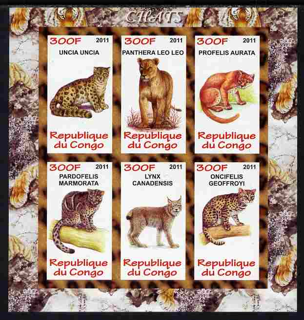Congo 2011 Wild Cats imperf sheetlet containing 6 values unmounted mint, stamps on cats, stamps on panthers, stamps on leopards