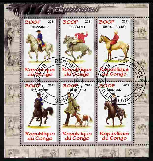 Congo 2011 Horses perf sheetlet containing 6 values fine cto used, stamps on animals, stamps on horses