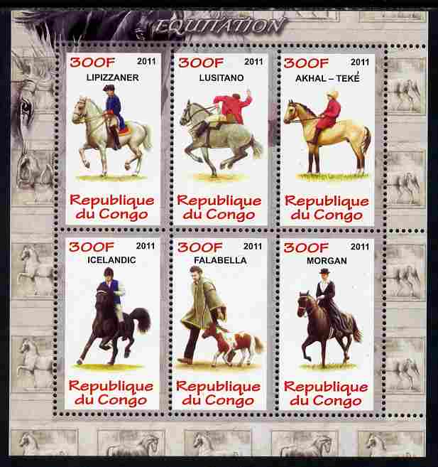 Congo 2011 Horses perf sheetlet containing 6 values unmounted mint, stamps on animals, stamps on horses