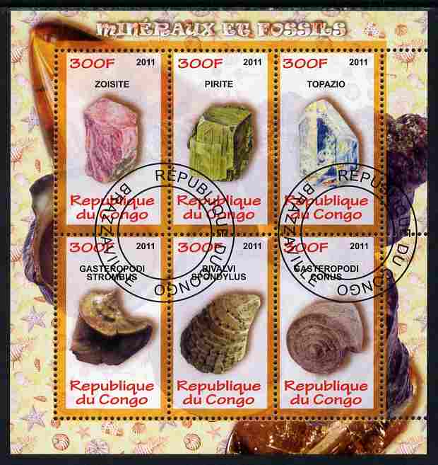 Congo 2011 Minerals & Fossils perf sheetlet containing 6 values fine cto used, stamps on minerals, stamps on fossils, stamps on shells
