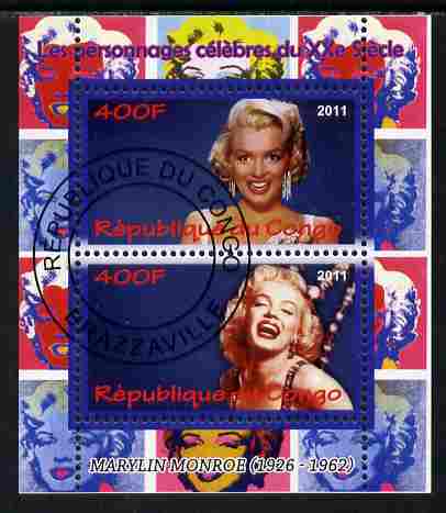 Congo 2011 Marilyn Monroe perf sheetlet containing 2 values fine cto used, stamps on personalities, stamps on films, stamps on cinema, stamps on movies, stamps on music, stamps on marilyn, stamps on monroe