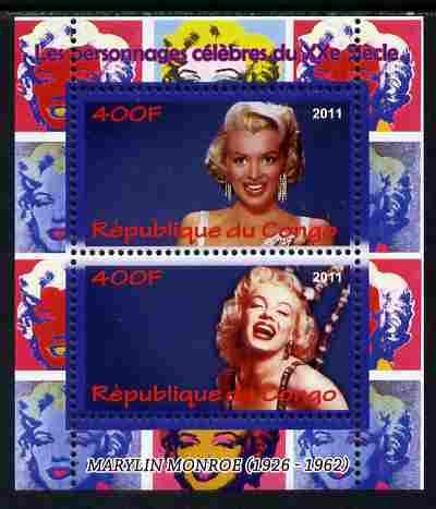 Congo 2011 Marilyn Monroe perf sheetlet containing 2 values unmounted mint, stamps on personalities, stamps on films, stamps on cinema, stamps on movies, stamps on music, stamps on marilyn, stamps on monroe