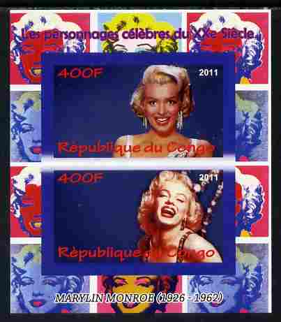 Congo 2011 Marilyn Monroe imperf sheetlet containing 2 values unmounted mint, stamps on personalities, stamps on films, stamps on cinema, stamps on movies, stamps on music, stamps on marilyn, stamps on monroe